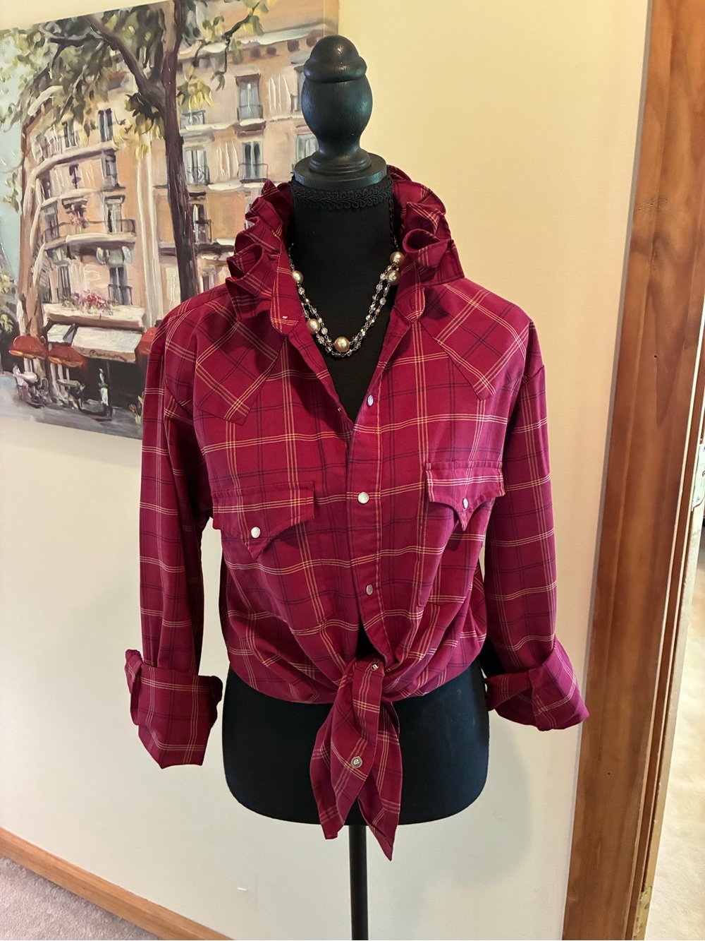 Women's Burgundy Plaid Button-Down Shirt - Tie Front